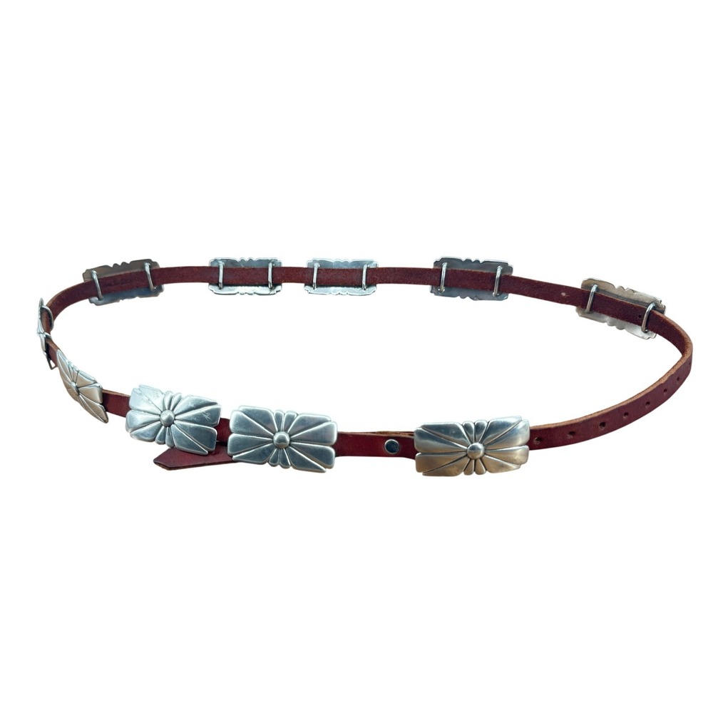 Concho Belt Women OS Brown Silver Western Sunburst Leather Boho Cowgirl